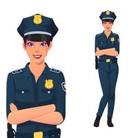 donna della polizia sorridente in piedi con il braccio incrociato vettore