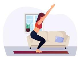 giovane donna che pratica la posa della sedia yoga a casa vettore