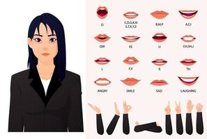 set di animazione della bocca e labbra sincronizzate con una donna d'affari asiatica vettore