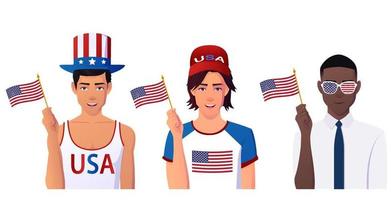 uomini multiculturali che tengono una bandiera americana, persone che indossano cappello usa e panno che celebrano il giorno dell'indipendenza. vettore