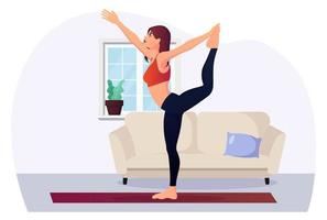 donna in posa yoga a casa per illustrazione vettoriale di fitness e salute premium