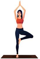 bella donna caucasica sorridente nella posa dell'albero di yoga che indossa pantaloni sportivi neri illustrazione vettoriale