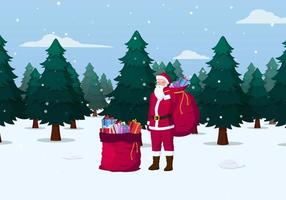 personaggio dei cartoni animati di babbo natale nella foresta di pini nevosi con sacchetto contenente il file vettoriale della confezione regalo