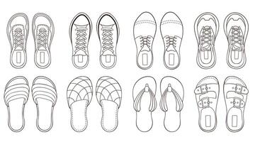 maschio calzature scarpe da ginnastica collezione nel schema stile. linea arte impostato di casuale scarpe. illustrazione isolato su un' bianca sfondo. vettore