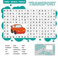 puzzle di ricerca di parole per bambini, tema dei trasporti, divertente gioco educativo per bambini vettore