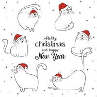 carta di gatti divertenti buon natale. simpatici gatti con cappello rosso. vettore