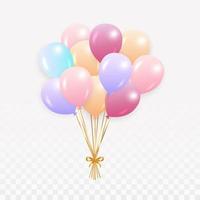 simpatica collezione di palloncini colorati. png di palloncini multicolori. disegno del palloncino di compleanno con nastro dorato. palloncino blu, viola, rosso, giallo per compleanni, anniversari, matrimoni, festival, ecc. vettore