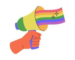 mano Tenere megafono con arcobaleno LGBTQ bandiera vettore