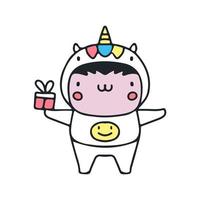 bambino kawaii in costume da unicorno con illustrazione del regalo. grafica vettoriale per stampe di t-shirt e altri usi.