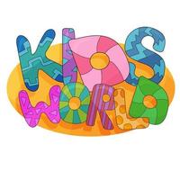logo design mondo per bambini - in stile cartone animato. striscione divertente luminoso per bambini vettore