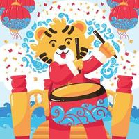 tigre d'acqua del capodanno cinese che suona il tamburo vettore