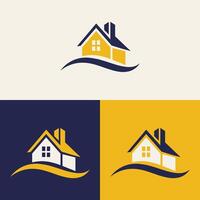 vero tenuta logo design con blu e giallo colori con silhouette edifici nel il sfondo vettore