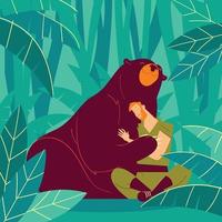 un guardiano dello zoo abbraccia un orso bruno vettore