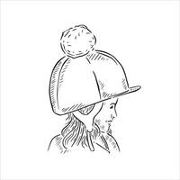 un' linea disegnato illustrazione di un' poco ragazza nel un' cavallo equitazione cappello con un' pom pom su il superiore. disegnato di mano nel nero e bianca abbozzato stile vettore