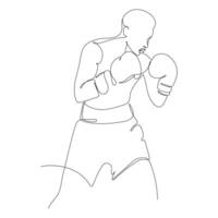 uomo pugile nel guanti e pantaloncini boxe continuo linea disegno. illustrazione nel uno linea stile. boxe, gli sport, allenamento, marziale arti concetto vettore