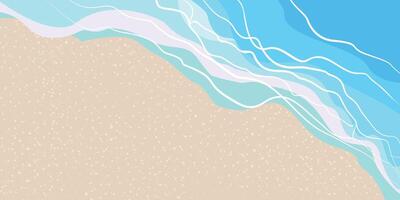 estate spiaggia con sabbia e onde superiore Visualizza nel cartone animato stile, colorato oceano sfondo. tropicale costa linea, paesaggio, scenario piatto illustrazione. modello per manifesto, opuscolo con spazio per testo. vettore