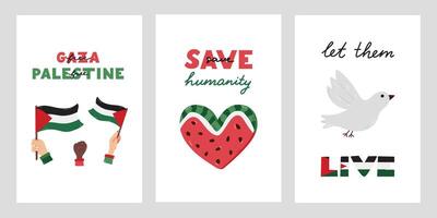 Salva Palestina impostato di manifesti con lettering e semplice mano disegnato clipart di cuore anguria, pace colomba, bandiere e cazzotto. concetto di supporto e In piedi con Palestina. Salva umanità, gratuito Gaza. vettore