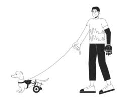 Disabilitato asiatico uomo a piedi sedia a rotelle cane nero e bianca 2d linea cartone animato carattere. animale domestico proprietario con protesico braccio isolato schema persona. invalidità monocromatico piatto individuare illustrazione vettore