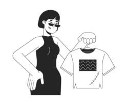 donna mostrando fisso t camicia nero e bianca cartone animato piatto illustrazione. giapponese femmina con vecchio Abiti cartone animato schema personaggio isolato su bianca. consumo monocromatico scena schema Immagine vettore