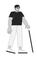 mezzo orientale uomo con cecità a piedi nero e bianca 2d linea cartone animato carattere. Disabilitato arabo maschio a piedi isolato schema persona. vista i problemi monocromatico piatto individuare illustrazione vettore