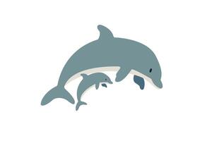 piatto illustrazione isolato su bianca sfondo, mare animali illustrazione, piatto delfino con un' bambino delfino vettore