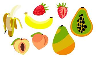 un' impostato di totale e affettato frutta e frutti di bosco, succoso luminosa colori. un' varietà di tropicale frutta, fragole, Banana, pesca, papaia. per confezione, manifesti o il branding materiali. isolato vettore