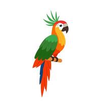verde-rosso pappagallo nel piatto stile. colorato tropicale uccello su un' bianca sfondo. un' tropicale pappagallo con cresta si siede su un' pertica. vettore