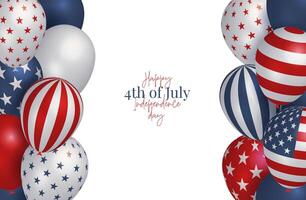 minimalista saluto carta di 4 ° luglio, indipendenza giorno di Stati Uniti d'America con frontiere di colorato 3d elio palloncini. realistico telaio con tre dimensionale elementi. illustrazione. vettore