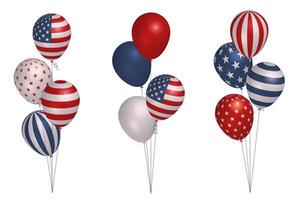 impostato di grappoli di realistico 3d palloncini nel americano colore. mazzi di fiori su elio giocattoli per Stati Uniti d'America indipendenza giorno. illustrazione per carta, festa, disegno, volantino, manifesto, striscione, ragnatela, pubblicità. vettore