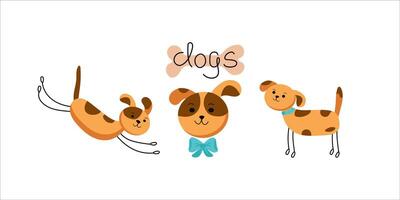 cartone animato animali domestici, cani nel diverso pose. impostato carino cuccioli, animali. mano scritta. sfondo isolato. vettore