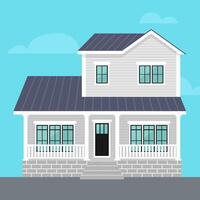 Casa con portico. grigio a due piani Casa con veranda nel piatto stile. dolce casa. illustrazione vettore