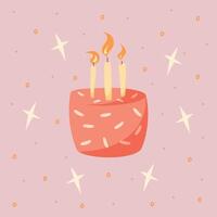 mano disegnare cartolina con scarabocchio torte, candele e stelle. rosa e giallo colori. carta per compleanno, festa, celebrazione e vacanze. illustrazione nel piatto stile.rosa sfondo. vettore