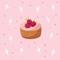 mano disegnare cartolina con cioccolato torte, tre fragola e stelle. rosa, rosso e Marrone colori. carta per compleanno, festa, celebrazione e vacanza. illustrazione nel piatto stile.rosa sfondo. vettore