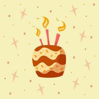 mano disegnare cartolina con cioccolato torte, candele e stelle. rosa e giallo colori. carta per compleanno, festa, celebrazione e vacanze. illustrazione nel piatto stile.rosa sfondo. vettore