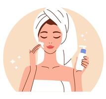 piatto illustrazione. simpatico donna dopo doccia, nel asciugamano, può crema su viso. concetto di automedicazione e amore per se stessi vettore