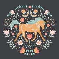 unicorno e motivi floreali, illustrazione in stile folk art. vettore