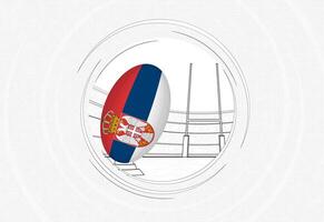 Serbia bandiera su Rugby sfera, foderato cerchio Rugby icona con palla nel un' affollato stadio. vettore