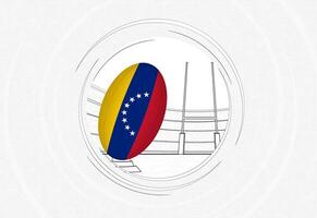 Venezuela bandiera su Rugby sfera, foderato cerchio Rugby icona con palla nel un' affollato stadio. vettore