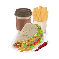 illustrazione di tacos e francese patatine fritte vettore
