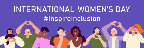 ispirare inclusione bandiera per internazionale Da donna giorno. iwd 2024 campagna con diverso contento donne fabbricazione cuore gesto e hashtag su viola sfondo. piatto moderno illustrazione vettore