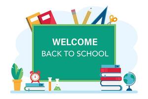 benvenuto per scuola 2021. indietro per scuola. lavagna, globo, libri e scuola forniture vettore