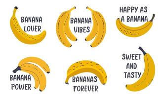 Banana frasi impostato isolato su bianca. carino piatto frutta e lettering citazioni. mano disegnato Stampa design. divertente frasi per adesivi, cartoline e manifesti. vettore