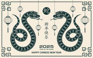 contento Cinese nuovo anno 2025 zodiaco cartello, anno di il serpente, con verde carta tagliare arte e mestiere stile vettore