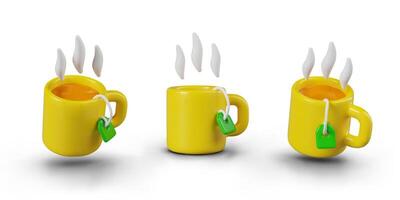 realistico giallo tazza con caldo acqua e tè Borsa con verde etichetta vettore