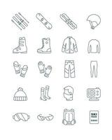 set di contorno attrezzatura da sci e snowboard kit vestiti icone vettoriali per il web design isolato su sfondo bianco