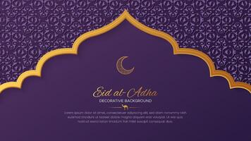 eid al-Adha mubarak lusso ornamentale saluto carta sfondo con Arabo modello e decorativo arco confine vettore