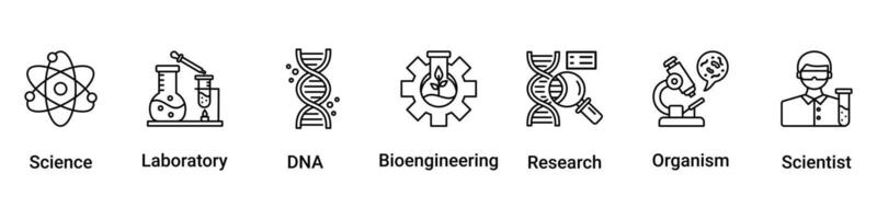 biotecnologia icona impostato flusso processi illustrazionequale consiste di scienziato, bioingegneria, organismo, ricerca, dna, laboratorio, scienza icona vettore