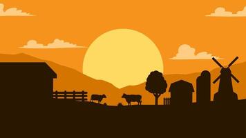 paesaggio illustrazione di azienda agricola silhouette con bestiame nel il tramonto vettore