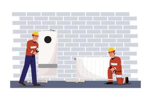 Due lavoratori nel protettivo Ingranaggio installazione un' riscaldamento sistema nel un' seminterrato con Chiavi vettore