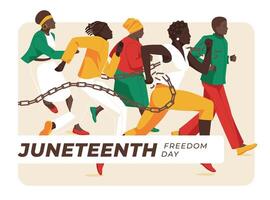 juneteenth carta design. un' gruppo di diverso africano Gli americani siamo Lavorando. rotto Catene. piatto illustrazione vettore